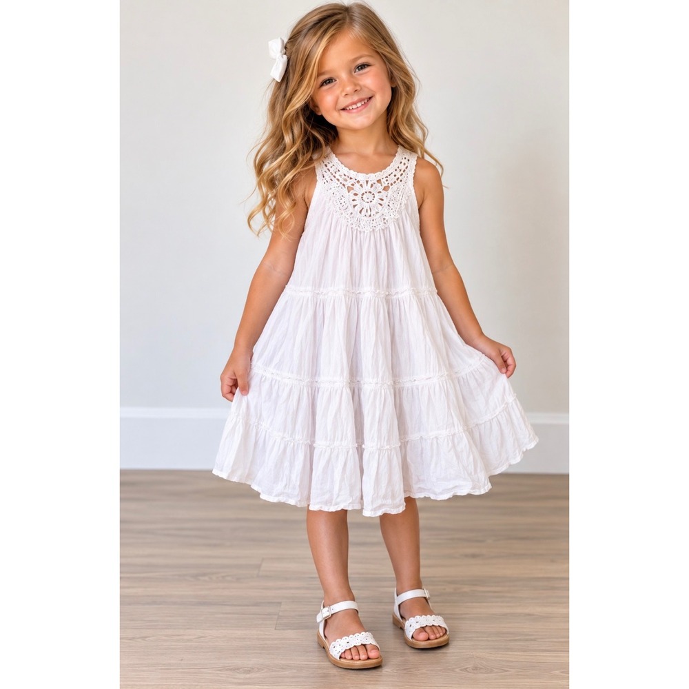Old Navy Girls 5T White Floral Crochet Yoke Tiered Sundress Sleeveless Dress